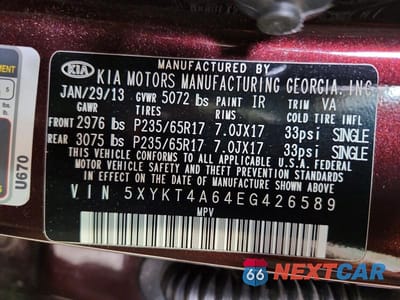 Zdjęcie 13 z 13 samochodu: 2014 KIA SORENTO LX VIN:5XYKT4A64EG426589 - miniatura