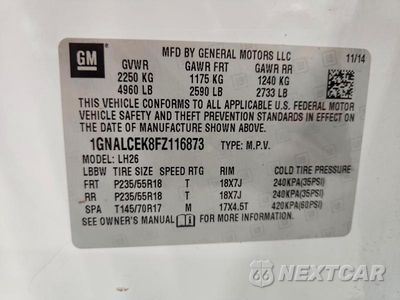 Zdjęcie 12 z 12 samochodu: 2015 CHEVROLET EQUINOX LT VIN:1GNALCEK8FZ116873 - miniatura