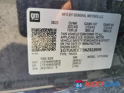 Zdjęcie 12 z 12 samochodu: 2022 GMC SIERRA K1500 AT4 VIN:1GTUUEET1NZ618999 - miniatura
