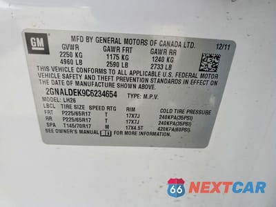 Zdjęcie 13 z 13 samochodu: 2012 CHEVROLET EQUINOX LT VIN:2GNALDEK9C6234654 - miniatura
