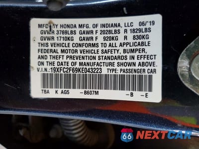 Zdjęcie 13 z 13 samochodu: 2019 HONDA CIVIC LX VIN:19XFC2F69KE043223 - miniatura