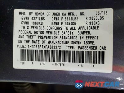 Zdjęcie 12 z 12 samochodu: 2015 HONDA ACCORD EX VIN:1HGCR2F7XFA203372 - miniatura