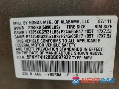 Zdjęcie 13 z 13 samochodu: 2011 HONDA PILOT LX VIN:5FNYF4H20BB097932 - miniatura
