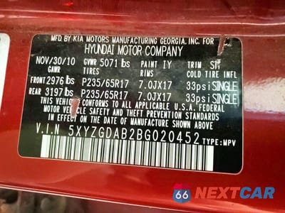 Zdjęcie 14 z 14 samochodu: 2011 HYUNDAI SANTA FE GLS VIN:5XYZGDAB2BG020452 - miniatura