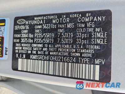 Zdjęcie 13 z 13 samochodu: 2017 HYUNDAI SANTA FE LIMITED ULTIMATE VIN:KM8SRDHF0HU216624 - miniatura