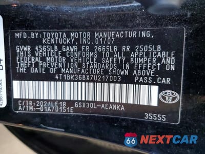 Zdjęcie 12 z 12 samochodu: 2007 TOYOTA AVALON TOURING VIN:4T1BK36BX7U217003 - miniatura