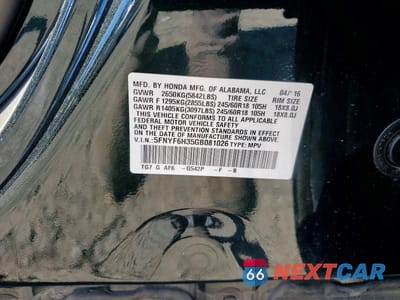 Zdjęcie 12 z 12 samochodu: 2016 HONDA PILOT EX VIN:5FNYF6H35GB081026 - miniatura