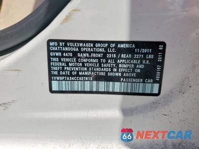Zdjęcie 12 z 12 samochodu: 2012 VOLKSWAGEN PASSAT SE VIN:1VWBP7A34CC027613 - miniatura