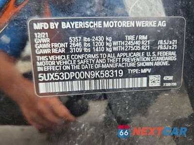 Zdjęcie 12 z 12 samochodu: 2022 BMW X3 XDRIVE30I VIN:5UX53DP00N9K58319 - miniatura