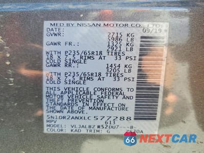 Zdjęcie 13 z 13 samochodu: 2020 NISSAN PATHFINDER S VIN:5N1DR2ANXLC577288 - miniatura