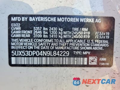 Zdjęcie 13 z 13 samochodu: 2022 BMW X3 XDRIVE30I VIN:5UX53DP04N9L84229 - miniatura