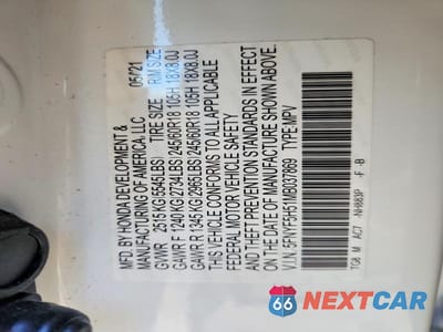 Zdjęcie 12 z 12 samochodu: 2021 HONDA PILOT EXL VIN:5FNYF5H51MB037869 - miniatura