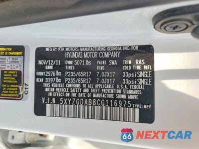 Zdjęcie 13 z 13 samochodu: 2012 HYUNDAI SANTA FE GLS VIN:5XYZGDAB8CG116975 - miniatura