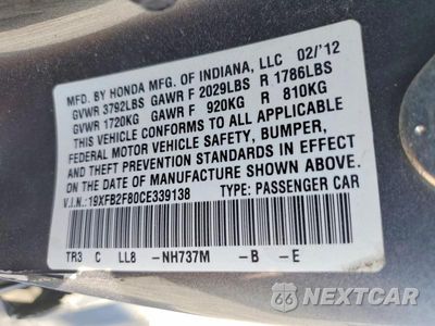 Zdjęcie 12 z 12 samochodu: 2012 HONDA CIVIC EX VIN:19XFB2F80CE339138 - miniatura