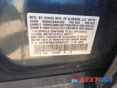 Zdjęcie 13 z 13 samochodu: 2006 HONDA PILOT EX VIN:5FNYF28576B001251 - miniatura