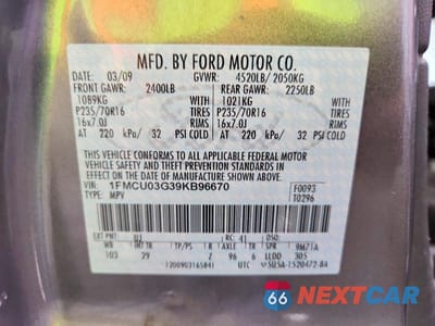 Zdjęcie 13 z 13 samochodu: 2009 FORD ESCAPE XLT VIN:1FMCU03G39KB96670 - miniatura