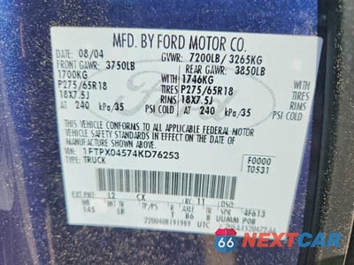 Zdjęcie 12 z 12 samochodu: 2004 FORD F150 VIN:1FTPX04574KD76253 - miniatura