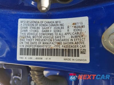 Zdjęcie 12 z 12 samochodu: 2019 HONDA CIVIC SPORT VIN:2HGFC2F86KH578727 - miniatura