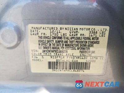 Zdjęcie 12 z 12 samochodu: 2012 NISSAN VERSA S/SV/SL VIN:3N1CN7APXCL868276 - miniatura
