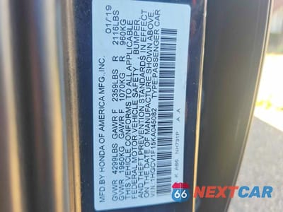 Zdjęcie 10 z 10 samochodu: 2019 HONDA ACCORD LX VIN:1HGCV1F15KA045082 - miniatura