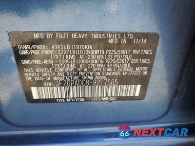 Zdjęcie 13 z 13 samochodu: 2015 SUBARU XV CROSSTREK 2.0 PREMIUM VIN:JF2GPADC8F8217585 - miniatura
