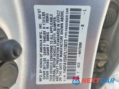 Zdjęcie 13 z 13 samochodu: 2007 HONDA CIVIC LX VIN:1HGFA15547L113073 - miniatura