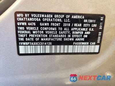 Zdjęcie 12 z 12 samochodu: 2012 VOLKSWAGEN PASSAT SE VIN:1VWBP7A33CC014125 - miniatura