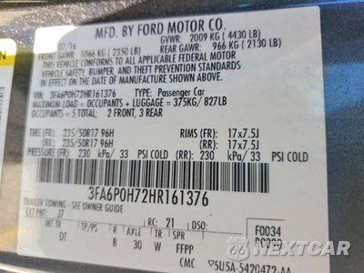 Zdjęcie 12 z 12 samochodu: 2017 FORD FUSION SE VIN:3FA6P0H72HR161376 - miniatura