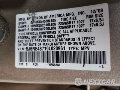 Zdjęcie 12 z 12 samochodu: 2009 HONDA CR-V EXL VIN:5J6RE48719L020961 - miniatura