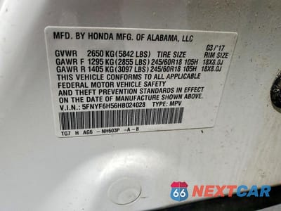 Zdjęcie 13 z 13 samochodu: 2017 HONDA PILOT EXL VIN:5FNYF6H56HB024028 - miniatura