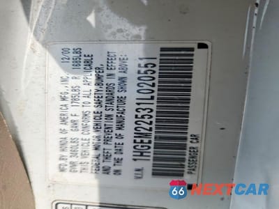 Zdjęcie 12 z 12 samochodu: 2001 HONDA CIVIC LX VIN:1HGEM22531L020551 - miniatura