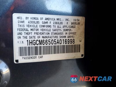 Zdjęcie 12 z 12 samochodu: 2005 HONDA ACCORD EX VIN:1HGCM66505A016998 - miniatura