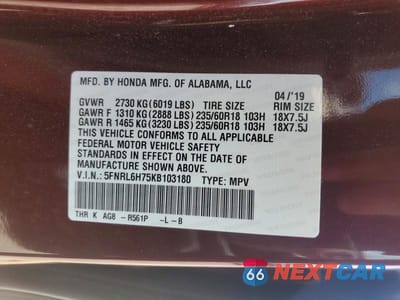 Zdjęcie 13 z 13 samochodu: 2019 HONDA ODYSSEY EXL VIN:5FNRL6H75KB103180 - miniatura