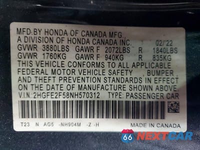 Zdjęcie 12 z 12 samochodu: 2022 HONDA CIVIC SPORT VIN:2HGFE2F58NH570312 - miniatura