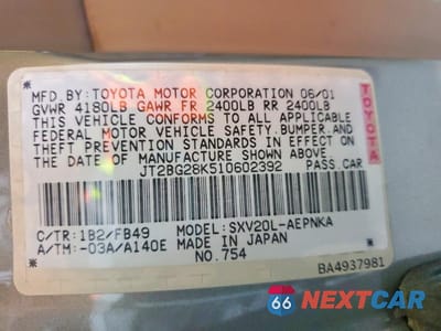 Zdjęcie 12 z 12 samochodu: 2001 TOYOTA CAMRY LE VIN:JT2BG28K510602392 - miniatura
