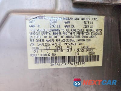 Zdjęcie 12 z 12 samochodu: 2007 NISSAN ALTIMA 2.5 VIN:1N4AL21E77N471390 - miniatura