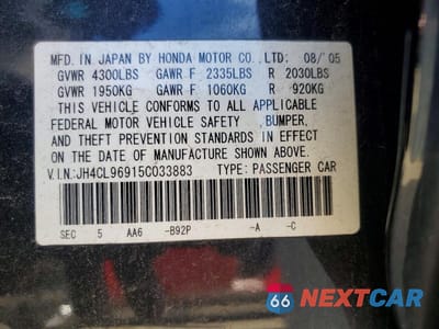 Zdjęcie 13 z 13 samochodu: 2005 ACURA TSX VIN:JH4CL96915C033883 - miniatura