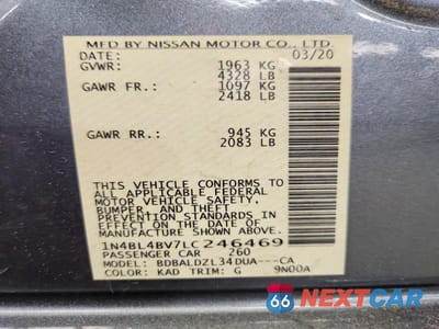 Zdjęcie 12 z 12 samochodu: 2020 NISSAN ALTIMA S VIN:1N4BL4BV7LC246469 - miniatura