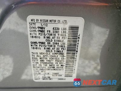 Zdjęcie 12 z 12 samochodu: 2012 NISSAN ROGUE S VIN:JN8AS5MT9CW281477 - miniatura