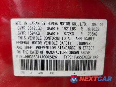 Zdjęcie 12 z 12 samochodu: 2010 HONDA FIT SPORT VIN:JHMGE8G41AC002426 - miniatura