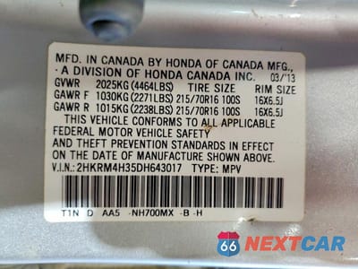 Zdjęcie 13 z 13 samochodu: 2013 HONDA CR-V LX VIN:2HKRM4H35DH643017 - miniatura