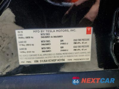 Zdjęcie 13 z 13 samochodu: 2016 TESLA MODEL S VIN:5YJSA1E24GF143194 - miniatura