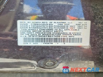 Zdjęcie 14 z 14 samochodu: 2015 HONDA PILOT EXL VIN:5FNYF3H5XFB017420 - miniatura