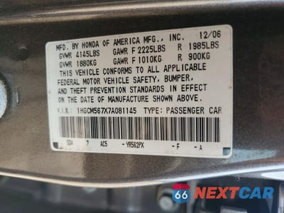 Zdjęcie 12 z 12 samochodu: 2007 HONDA ACCORD EX VIN:1HGCM567X7A081145 - miniatura