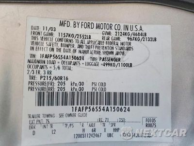 Zdjęcie 12 z 12 samochodu: 2004 FORD TAURUS SEL VIN:1FAFP56S54A150624 - miniatura