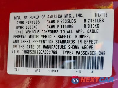 Zdjęcie 13 z 13 samochodu: 2012 HONDA ACCORD EXL VIN:1HGCS2B83CA003769 - miniatura