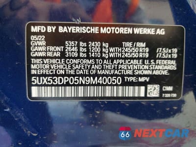 Zdjęcie 12 z 12 samochodu: 2022 BMW X3 XDRIVE30I VIN:5UX53DP05N9M40050 - miniatura