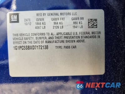 Zdjęcie 12 z 12 samochodu: 2013 CHEVROLET CRUZE LT VIN:1G1PC5SBXD7172138 - miniatura