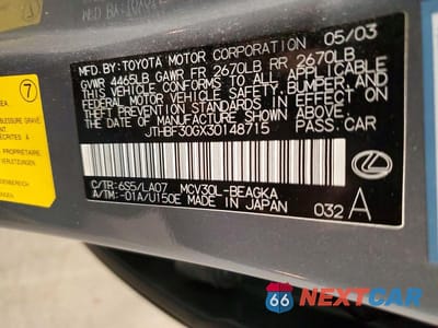 Zdjęcie 12 z 12 samochodu: 2003 LEXUS ES 300 VIN:JTHBF30GX30148715 - miniatura