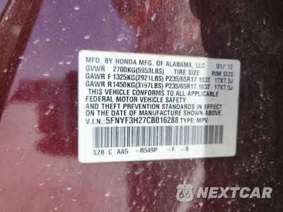 Zdjęcie 13 z 13 samochodu: 2012 HONDA PILOT LX VIN:5FNYF3H27CB016288 - miniatura